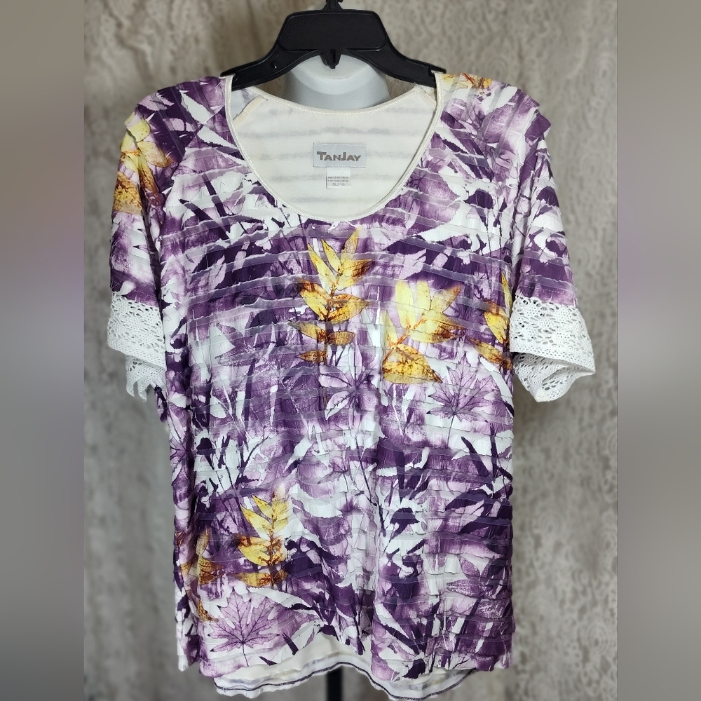 TanJay Women's Purple and Yellow Leaf Print Top Neot